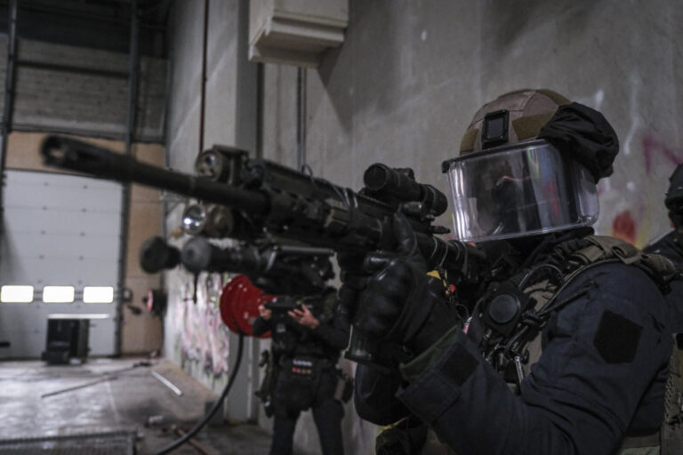 France, Toulouse, 2023-02-01. Operators from the GIGN antenna in Toulouse train to investigate an abandoned store using 