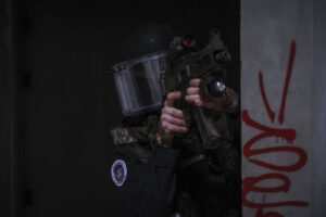 France, Toulouse, 2023-02-01. Operators from the GIGN antenna in Toulouse train to investigate an abandoned store using 