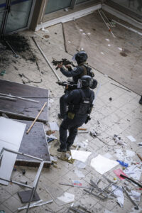 France, Toulouse, 2023-02-01. Operators from the GIGN antenna in Toulouse train to investigate an abandoned store using