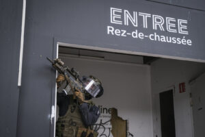 France, Toulouse, 2023-02-01. Operators from the GIGN antenna in Toulouse train to investigate an abandoned store using 