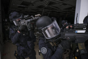 France, Toulouse, 2023-02-01. Operators from the GIGN antenna in Toulouse train to investigate an abandoned store using 
