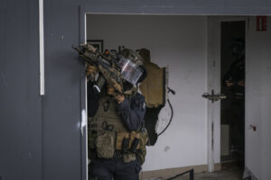 France, Toulouse, 2023-02-01. Operators from the GIGN antenna in Toulouse train to investigate an abandoned store using 