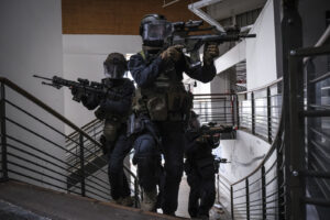 France, Toulouse, 2023-02-01. Operators from the GIGN antenna in Toulouse train to investigate an abandoned store using 