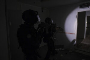 France, Toulouse, 2023-02-01. Operators from the GIGN antenna in Toulouse train to investigate an abandoned store using 