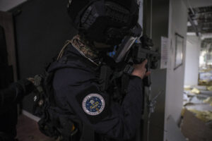 France, Toulouse, 2023-02-01. Operators from the GIGN antenna in Toulouse train to investigate an abandoned store using 