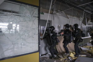 France, Toulouse, 2023-02-01. Operators from the GIGN antenna in Toulouse train to investigate an abandoned store using 