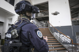 France, Toulouse, 2023-02-01. Operators from the GIGN antenna in Toulouse train to investigate an abandoned store using 