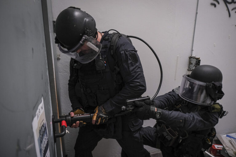 France, Toulouse, 2023-02-01. Operators from the GIGN antenna in Toulouse train to investigate an abandoned store using 