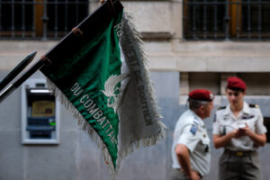 France, Toulouse, 2018-07-14. a fighter support regiment flag hanging during the celebration of the 14 of july, bastille