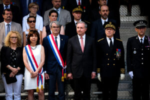 France, Toulouse, 2018-07-14. Toulouse mayor looking at the French paratroopers and police forces parade during the cele