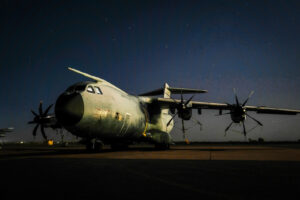 Niger, Niamey, 2018-08-22. French military air force plane Airbus A400M at night. Photograph by Fred MARIE / Defense Zon