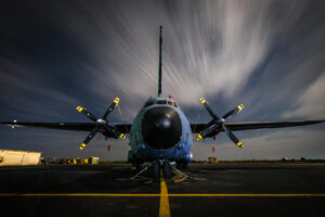 Niger, Niamey, 2018-08-22. French military air force plane C160 Transall at night. Photograph by Fred MARIE / Defense Zo