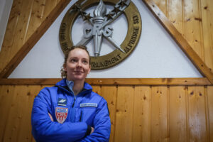 France, Chamonix, 2021-02-15. French young woman Nadege during training to be mountain rescue policewoman. Photograph by