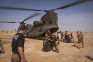 Burkina Faso, april 2021. French soldier load british chinook helicoptere during operation barkhane, french military war