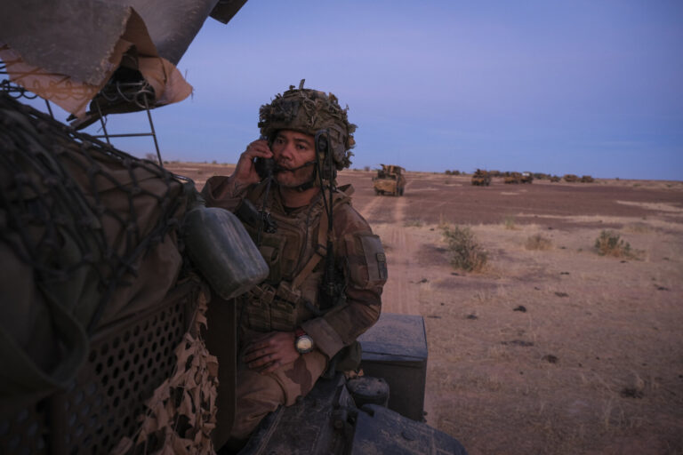 Burkina Faso, april 2021. French army soldiers patrol in vehicule into Sahel desert during barkhane operation.Burkina F