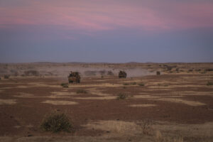 Burkina Faso, april 2021. French army soldiers patrol in vehicule into Sahel desert during barkhane operation.
Burkina F