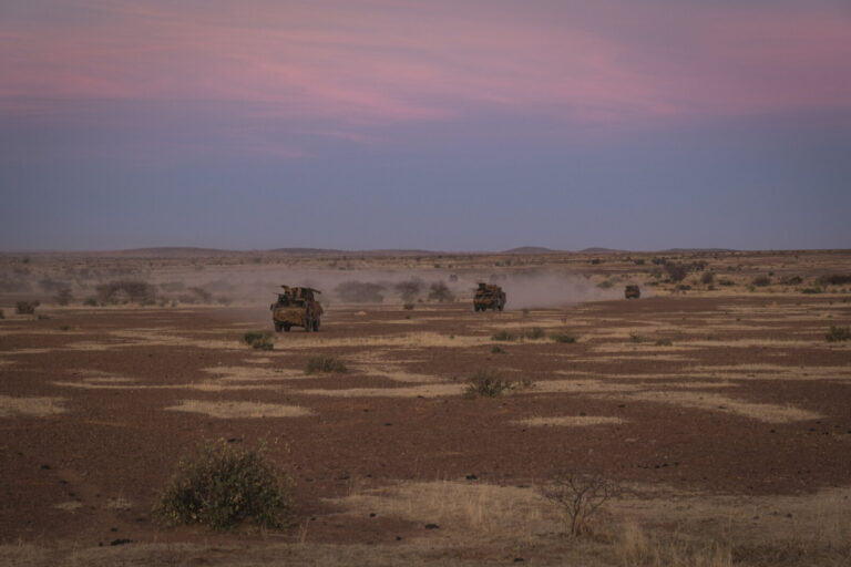 Burkina Faso, april 2021. French army soldiers patrol in vehicule into Sahel desert during barkhane operation.Burkina F