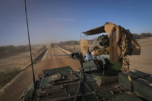 Burkina Faso, april 2021. French army soldiers patrol in vehicule into Sahel desert during barkhane operation.
Burkina F