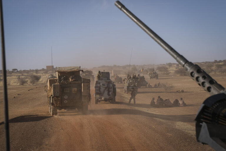 Burkina Faso, april 2021. French army soldiers patrol in vehicule into Sahel desert during barkhane operation.Burkina F