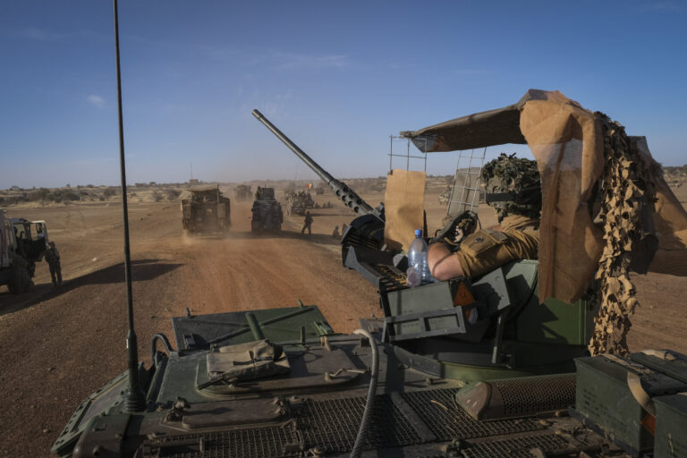 Burkina Faso, april 2021. French army soldiers patrol in vehicule into Sahel desert during barkhane operation.Burkina F