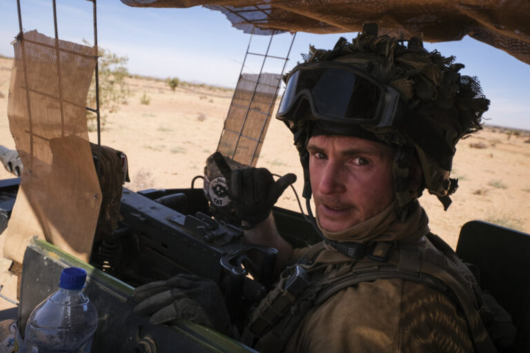 Burkina Faso, april 2021. French army soldiers patrol in vehicule into Sahel desert during barkhane operation.Burkina F