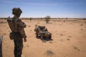 Burkina Faso, april 2021. French army soldiers patrol in vehicule into Sahel desert during barkhane operation.
Burkina F