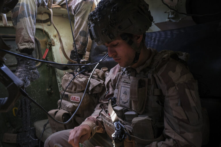 Burkina Faso, april 2021. French army soldiers patrol in vehicule into Sahel desert during barkhane operation.Burkina F