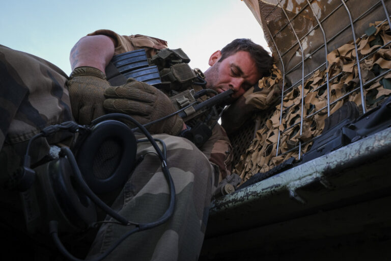 Burkina Faso, april 2021. French army soldiers patrol in vehicule into Sahel desert during barkhane operation.Burkina F