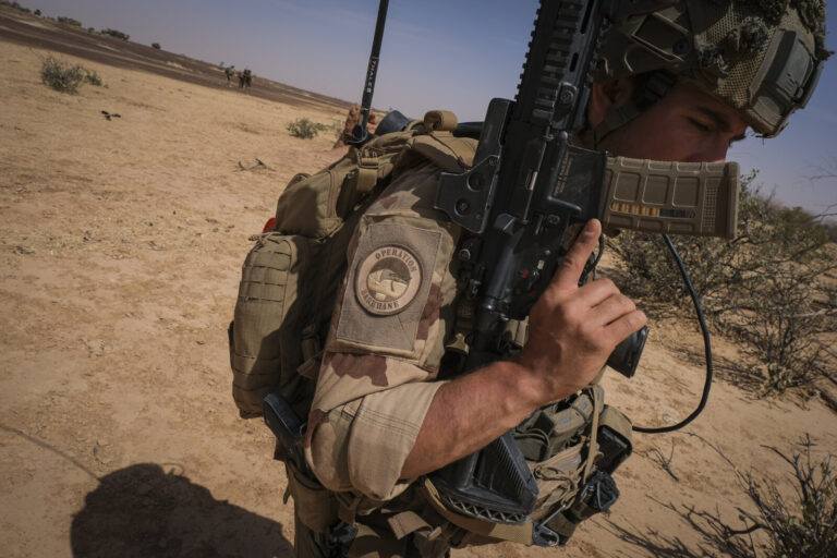 Burkina Faso, april 2021. French army soldiers patrol into Sahel desert during barkhane operation.Burkina Faso, avril 2