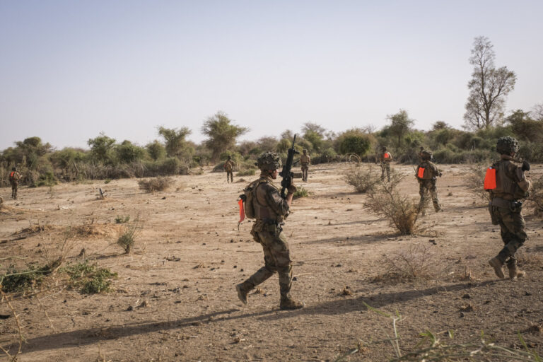 Burkina Faso, april 2021. French army soldiers patrol into Sahel desert during barkhane operation.Burkina Faso, avril 2