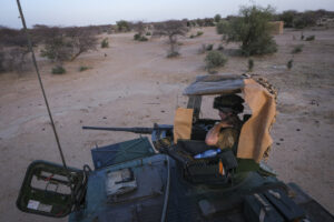 Burkina Faso, april 2021. French army soldiers patrol in vehicule into Sahel desert during barkhane operation.
Burkina F