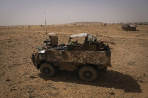 Burkina Faso, april 2021. French army soldiers patrol in vehicule into Sahel desert during barkhane operation.
Burkina F