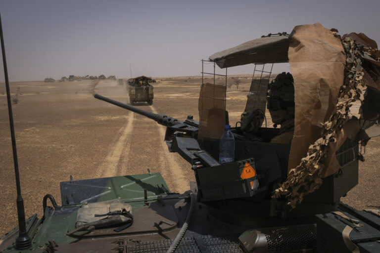 Burkina Faso, april 2021. French army soldiers patrol in vehicule into Sahel desert during barkhane operation.Burkina F