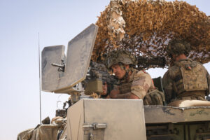 Burkina Faso, april 2021. French army soldiers patrol in vehicule into Sahel desert during barkhane operation.
Burkina F