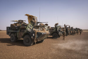 Burkina Faso, april 2021. French army soldiers patrol into Sahel desert during barkhane operation.Burkina Faso, avril 2