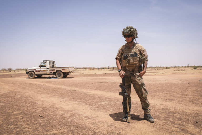 Burkina Faso, april 2021. French army soldiers patrol into Sahel desert during barkhane operation.Burkina Faso, avril 2