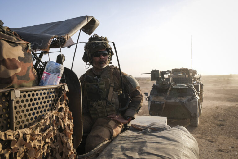 Burkina Faso, april 2021. French army soldiers patrol in vehicule into Sahel desert during barkhane operation.Burkina F