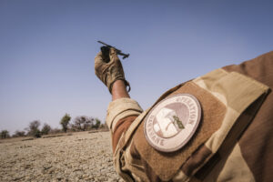 Burkina Faso, april 2021. French army soldiers useing a drone into Sahel desert during barkhane operation.Burkina Faso,