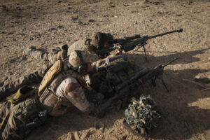 Burkina Faso, april 2021. French army soldiers snipers into Sahel desert during barkhane operation.Burkina Faso, avril 