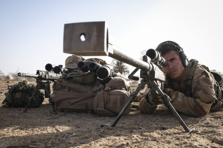 Burkina Faso, april 2021. French army soldiers snipers into Sahel desert during barkhane operation.Burkina Faso, avril 