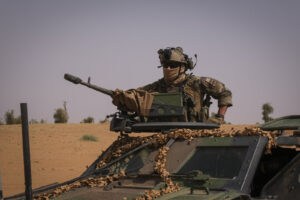 Burkina Faso, april 2021. French army soldiers patrol in vehicule into Sahel desert during barkhane operation.
Burkina F