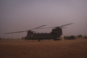 Burkina Faso, april 2021. British chinook helicoptere during operation barkhane, french military war against terrorism i