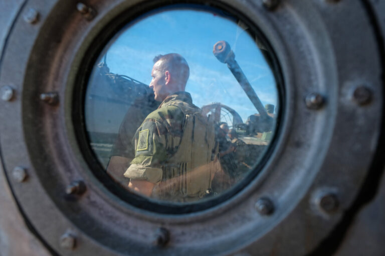 USA, Jacksonville, 2017-10-21. A french soldier with a tank behind him getting ready for the Amphibious Bold Alligator E