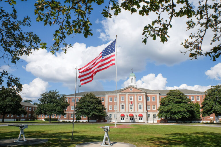 USA, Jacksonville, 2017-10-22. A flag in front of the headquarters of the marine expeditionary force during during the A