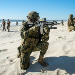 USA, Jacksonville, 2017-10-25. Mexican soldiers training on the beach during the Amphibious Bold Alligator Exercise orga