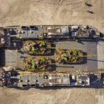 USA, Jacksonville, 2017-10-26. An hovercraft with french AMX10RC tanks on board on the beach during the Amphibious Bold