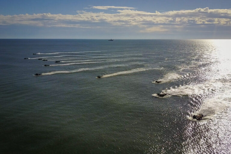 USA, Jacksonville, 2017-10-26. US Navy amphibious vehicles on the sea during the Amphibious Bold Alligator Exercise orga