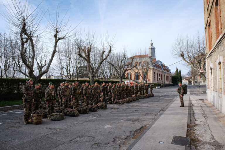 France, Aix-en-Provence, 2022-02-19. Training of foreign legion soldiers in south of France. Kepi blanc military walk of