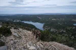 France, Aix-en-Provence, 2022-02-19. Training of foreign legion soldiers in south of France. Kepi blanc military walk of