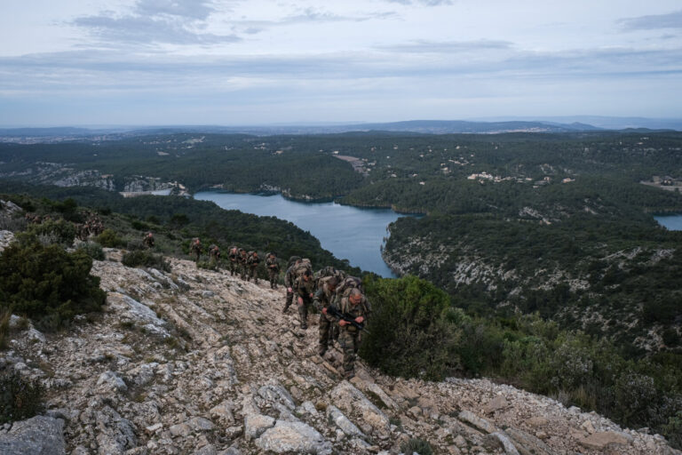 France, Aix-en-Provence, 2022-02-19. Training of foreign legion soldiers in south of France. Kepi blanc military walk of